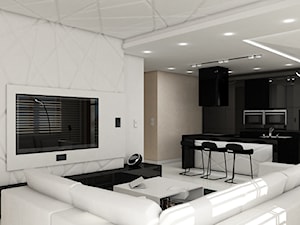 Duży biały salon z kuchnią z jadalnią, styl minimalistyczny - zdjęcie od Pszczołowscy projektowanie wnętrz