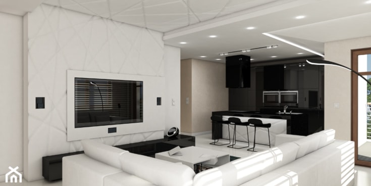 Duży biały salon z kuchnią z jadalnią, styl minimalistyczny - zdjęcie od Pszczołowscy projektowanie wnętrz