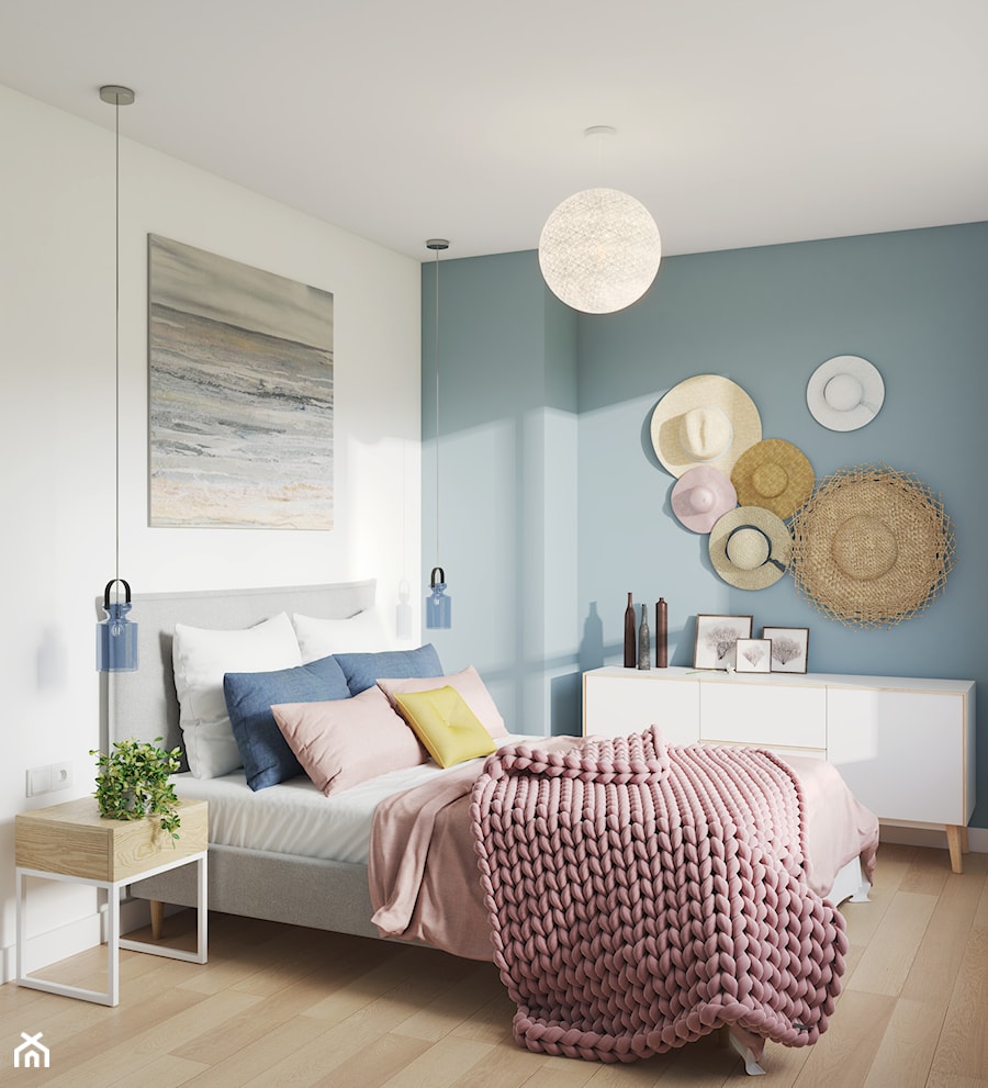 Apartament Wakacyjny - Cetniewo - Średnia biała niebieska sypialnia, styl skandynawski - zdjęcie od Pszczołowscy projektowanie wnętrz