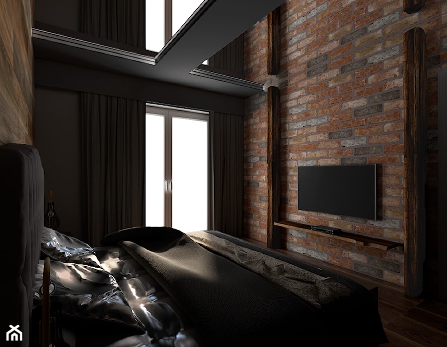 Mieszkanie inspirowane stylem industrialnym - Średnia czarna sypialnia, styl rustykalny - zdjęcie od Archikąty
