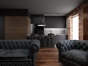 Mieszkanie inspirowane stylem industrialnym - Średnia z salonem z kamiennym blatem brązowa szara z zabudowaną lodówką kuchnia dwurzędowa z wyspą lub półwyspem z oknem, styl industrialny - zdjęcie od Archikąty