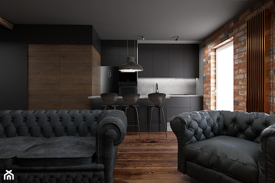 Mieszkanie inspirowane stylem industrialnym - Średnia z salonem z kamiennym blatem brązowa szara z zabudowaną lodówką kuchnia dwurzędowa z wyspą lub półwyspem z oknem, styl industrialny - zdjęcie od Archikąty