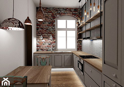 Mieszkanie w poznańskiej kamienicy - Duża zamknięta biała brązowa z zabudowaną lodówką z podblatowym zlewozmywakiem kuchnia w kształcie litery l z oknem, styl rustykalny - zdjęcie od Archikąty