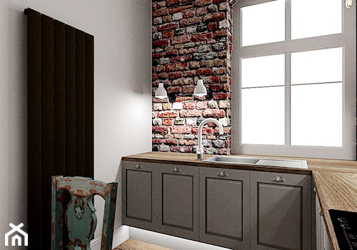 Mieszkanie w poznańskiej kamienicy - Średnia zamknięta biała z zabudowaną lodówką z nablatowym zlewozmywakiem kuchnia w kształcie litery l z oknem, styl rustykalny - zdjęcie od Archikąty