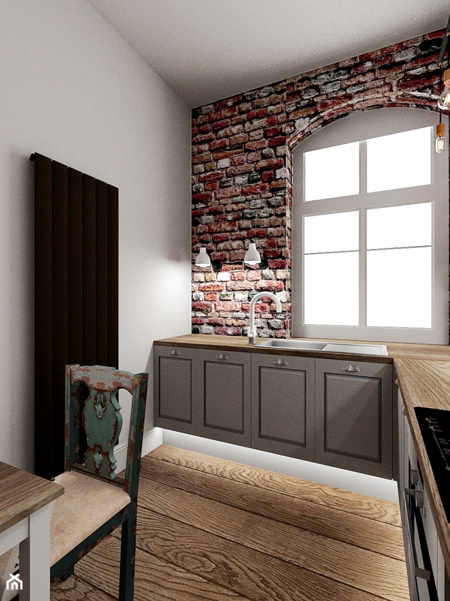 Mieszkanie w poznańskiej kamienicy - Średnia zamknięta biała z zabudowaną lodówką z nablatowym zlewozmywakiem kuchnia w kształcie litery l z oknem, styl rustykalny - zdjęcie od Archikąty
