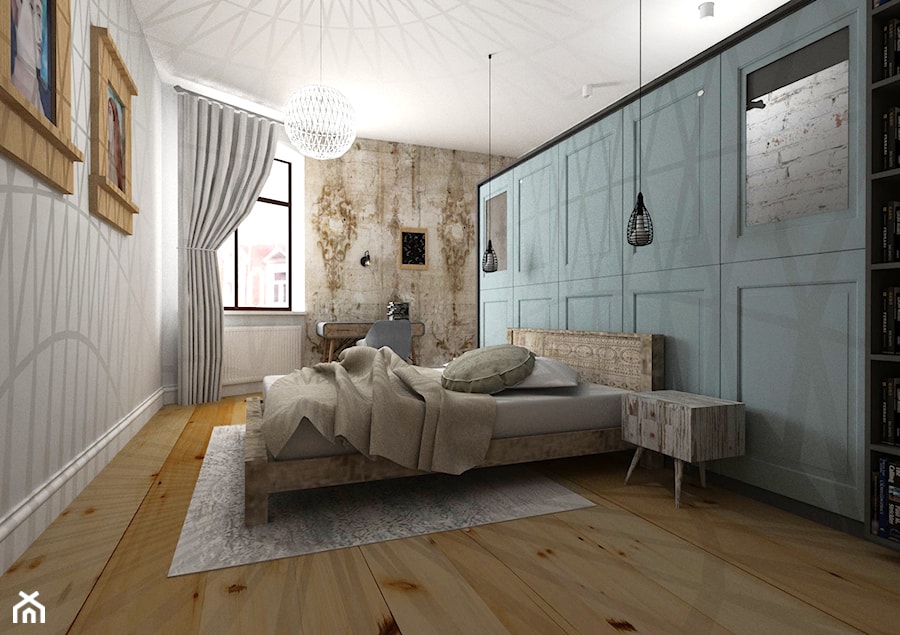 Mieszkanie w poznańskiej kamienicy - Średnia biała niebieska z biurkiem sypialnia, styl nowoczesny - zdjęcie od Archikąty