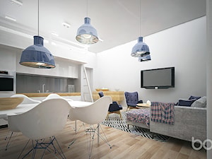 Mieszkanie z antresolą - Duża szara jadalnia w salonie w kuchni, styl nowoczesny - zdjęcie od Bocca design