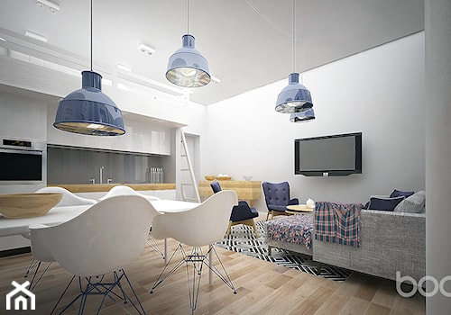 Mieszkanie z antresolą - Duża szara jadalnia w salonie w kuchni, styl nowoczesny - zdjęcie od Bocca design