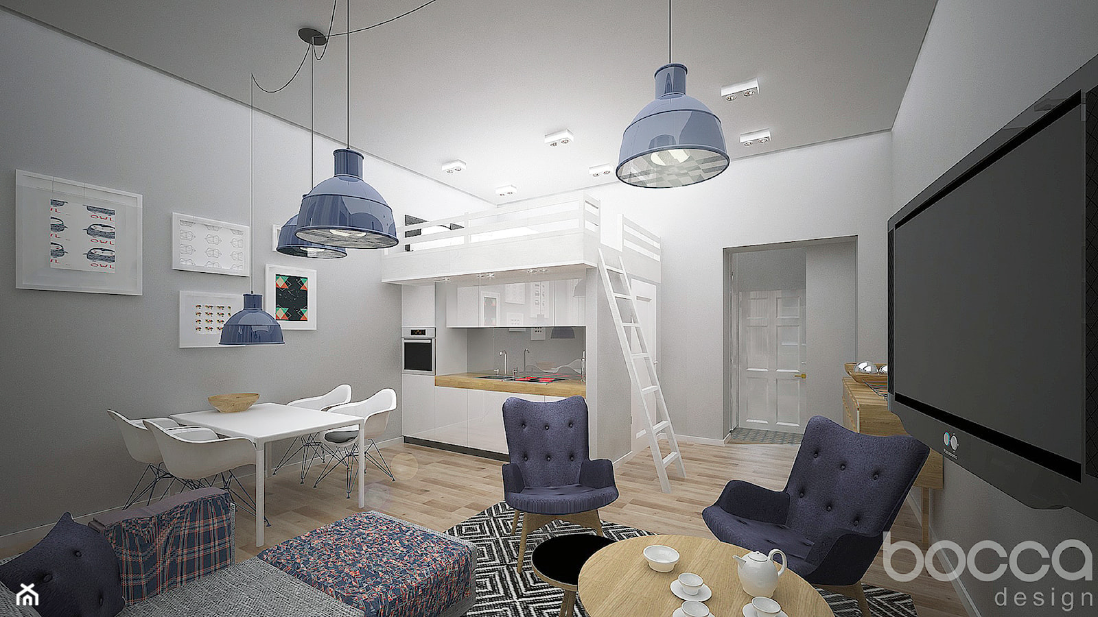 Mieszkanie z antresolą - Mały szary salon z kuchnią z jadalnią z antresolą, styl nowoczesny - zdjęcie od Bocca design - Homebook