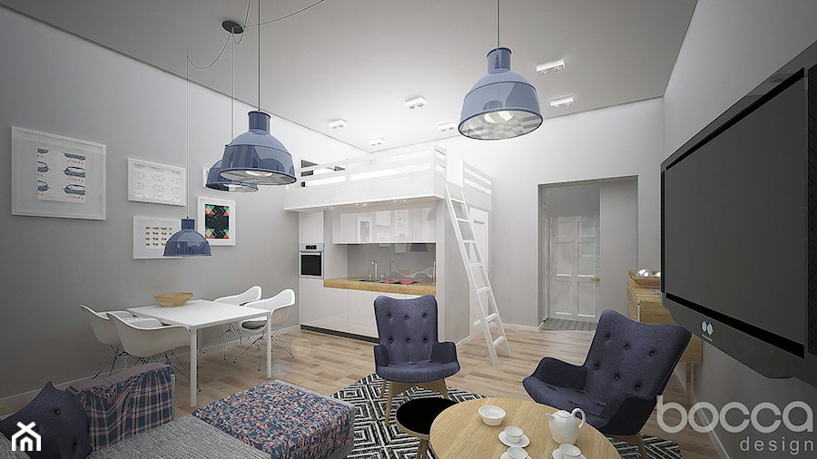 Mieszkanie z antresolą - Mały szary salon z kuchnią z jadalnią z antresolą, styl nowoczesny - zdjęcie od Bocca design