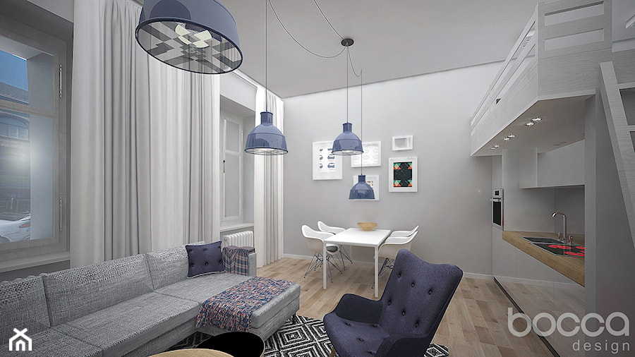 Mieszkanie z antresolą - Średni biały salon z kuchnią z jadalnią, styl skandynawski - zdjęcie od Bocca design