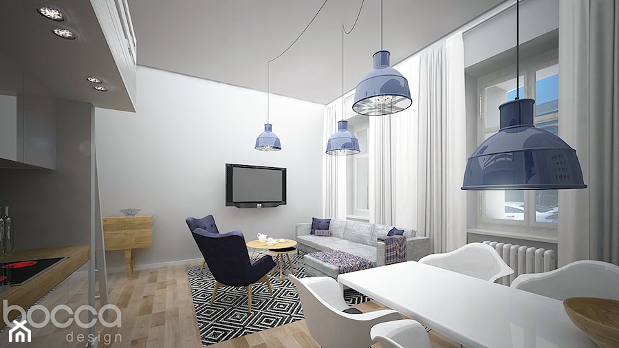 Mieszkanie z antresolą - Średni biały szary salon z kuchnią z jadalnią, styl skandynawski - zdjęcie od Bocca design