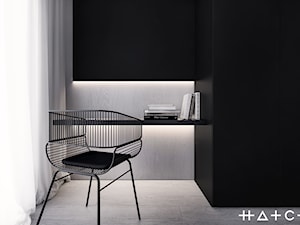 PROJEKT MIESZKANIA - ŁÓDŹ STARE POLESIE II - Małe z zabudowanym biurkiem czarne szare biuro, styl minimalistyczny - zdjęcie od HATCH STUDIO