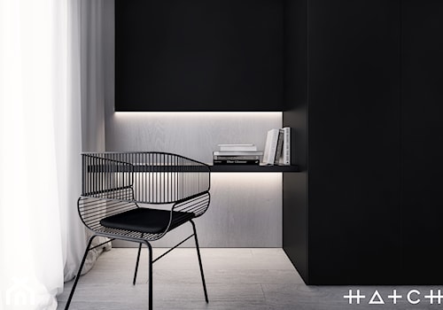 PROJEKT MIESZKANIA - ŁÓDŹ STARE POLESIE II - Małe z zabudowanym biurkiem czarne szare biuro, styl minimalistyczny - zdjęcie od HATCH STUDIO