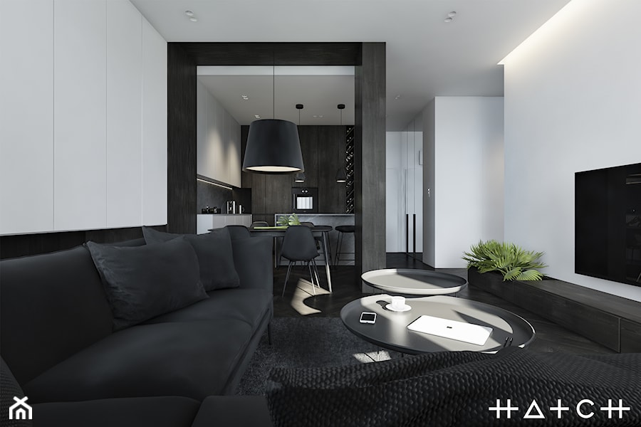 PROJEKT APARTAMENTU - WARSZAWA MARYMONT - Mały biały salon z kuchnią z jadalnią, styl minimalistyczny - zdjęcie od HATCH STUDIO