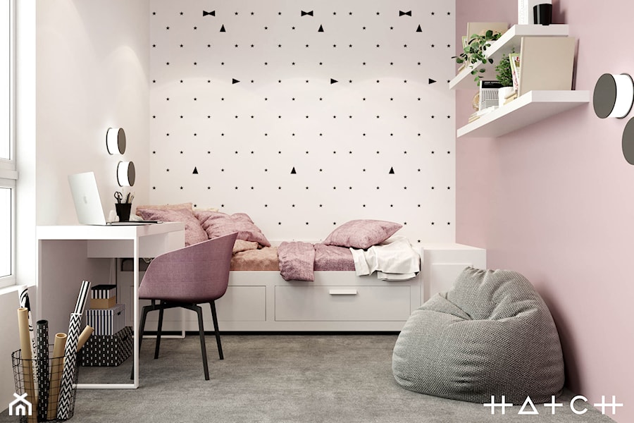 PROJEKT APARTAMENTU W WARSZAWIE KOLONIA SIELCE - Mały biały różowy pokój dziecka dla nastolatka dla dziewczynki, styl minimalistyczny - zdjęcie od HATCH STUDIO
