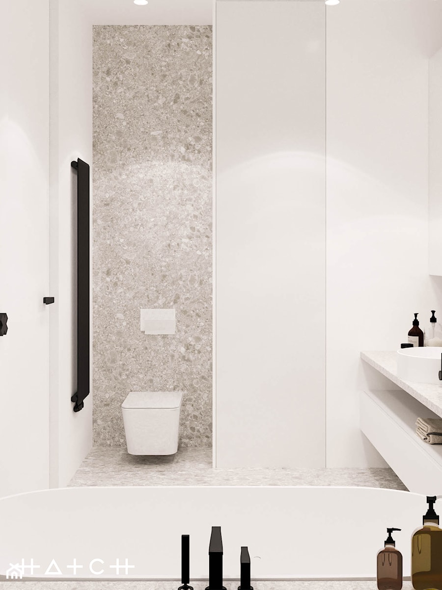 PROJEKT APARTAMENTU W WARSZAWIE KOLONIA SIELCE - Średnia bez okna z marmurową podłogą z punktowym oświetleniem łazienka, styl minimalistyczny - zdjęcie od HATCH STUDIO