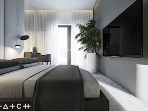 PROJEKT APARTAMENTU - WARSZAWA MARYMONT - Średnia szara sypialnia z balkonem / tarasem, styl minimalistyczny - zdjęcie od HATCH STUDIO