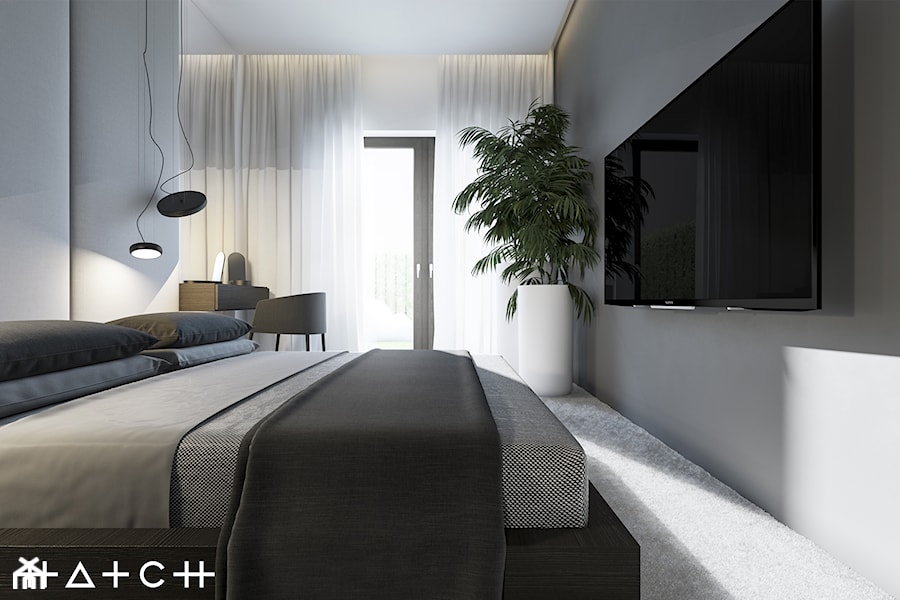 PROJEKT APARTAMENTU - WARSZAWA MARYMONT - Średnia szara sypialnia z balkonem / tarasem, styl minimalistyczny - zdjęcie od HATCH STUDIO