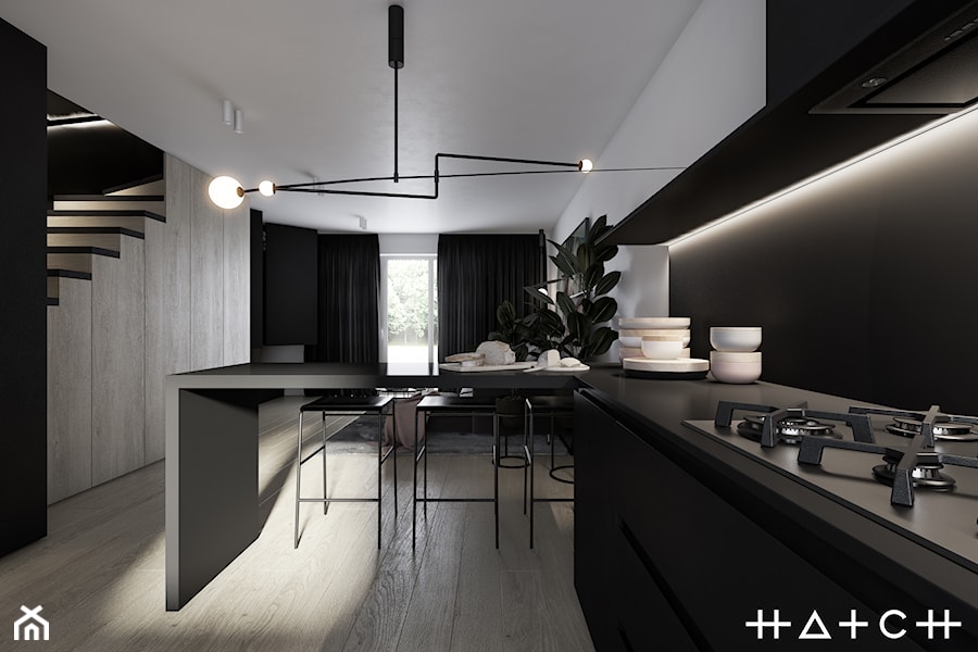 PROJEKT SZEREGOWCA - GDANSK BANINO - Średnia otwarta z salonem biała czarna kuchnia w kształcie litery l, styl minimalistyczny - zdjęcie od HATCH STUDIO