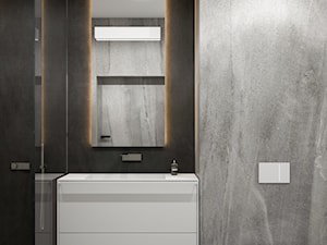 PROJEKT MIESZKANIA - WARSZAWA ŚRÓDMIEŚCIE - Mała bez okna z lustrem z marmurową podłogą z punktowym oświetleniem łazienka, styl minimalistyczny - zdjęcie od HATCH STUDIO