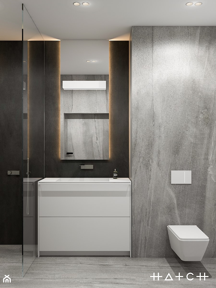 PROJEKT MIESZKANIA - WARSZAWA ŚRÓDMIEŚCIE - Mała bez okna z lustrem z marmurową podłogą z punktowym oświetleniem łazienka, styl minimalistyczny - zdjęcie od HATCH STUDIO