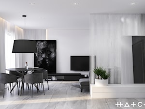 PROJEKT MIESZKANIA - WARSZAWA ŚRÓDMIEŚCIE - Duży biały salon z jadalnią, styl minimalistyczny - zdjęcie od HATCH STUDIO