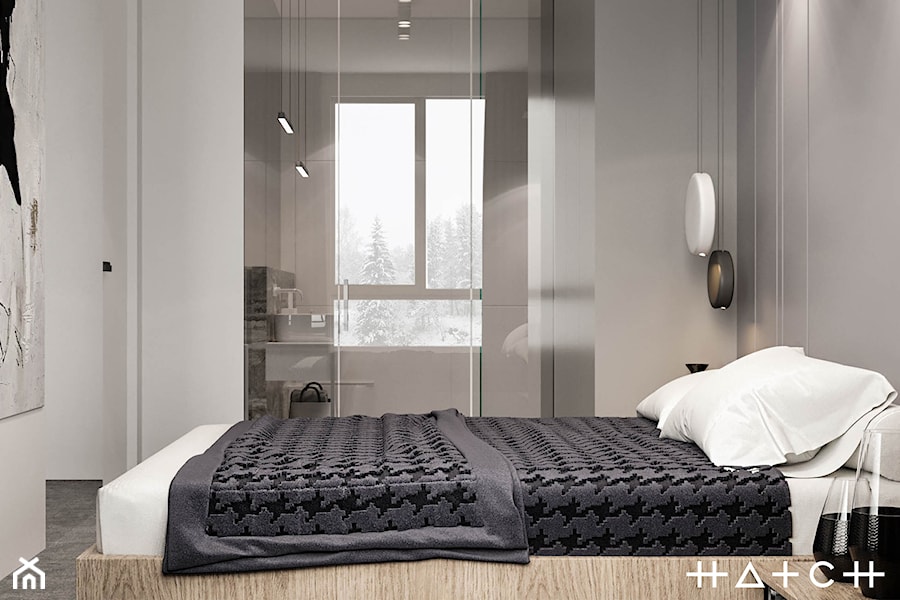 PROJEKT APARTAMENTU W WARSZAWIE KOLONIA SIELCE - Mała szara sypialnia z łazienką, styl nowoczesny - zdjęcie od HATCH STUDIO
