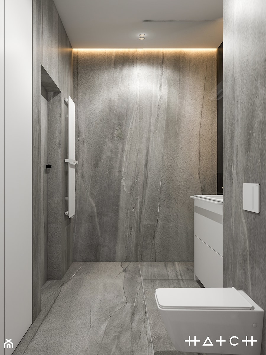 PROJEKT MIESZKANIA - WARSZAWA ŚRÓDMIEŚCIE - Mała bez okna z marmurową podłogą łazienka, styl minimalistyczny - zdjęcie od HATCH STUDIO
