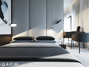 PROJEKT APARTAMENTU - WARSZAWA MARYMONT - Mała szara sypialnia, styl minimalistyczny - zdjęcie od HATCH STUDIO