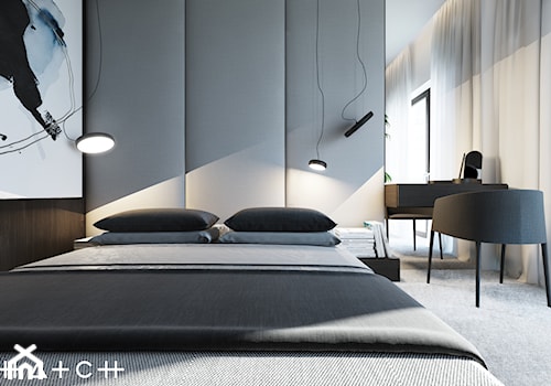 PROJEKT APARTAMENTU - WARSZAWA MARYMONT - Mała szara sypialnia, styl minimalistyczny - zdjęcie od HATCH STUDIO