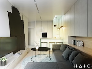 PROJEKT MIESZKANIA - GDAŃSK MORENA - Mały biały czarny salon z kuchnią z jadalnią, styl nowoczesny - zdjęcie od HATCH STUDIO