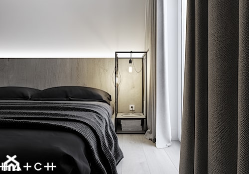 PROJEKT MIESZKANIA - ŁÓDŹ ZDROWIE - Sypialnia na poddaszu z balkonem / tarasem, styl minimalistyczny - zdjęcie od HATCH STUDIO