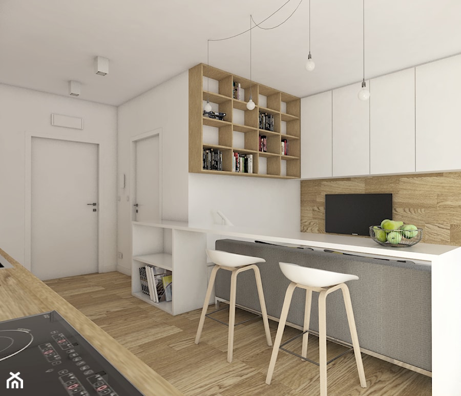 mieszkanie na warszawskiej Woli - Mały biały salon z kuchnią z jadalnią, styl nowoczesny - zdjęcie od IdeaSpace