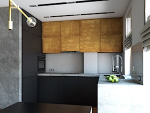 50 m2 na Artystycznym Żoliborzu - Średnia otwarta z kamiennym blatem czarna szara z zabudowaną lodówką z podblatowym zlewozmywakiem kuchnia ze złotymi frontami w kształcie litery l, styl industrialny - zdjęcie od IdeaSpace