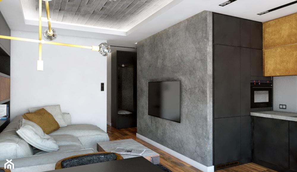 50 m2 na Artystycznym Żoliborzu - Mały biały szary salon z kuchnią z jadalnią, styl industrialny - zdjęcie od IdeaSpace - Homebook