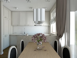 50 m2 na warszawskiej Woli - Średnia otwarta biała z zabudowaną lodówką kuchnia w kształcie litery l z wyspą lub półwyspem, styl tradycyjny - zdjęcie od IdeaSpace