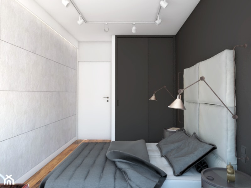 50 m2 na Artystycznym Żoliborzu - Mała czarna szara sypialnia, styl industrialny - zdjęcie od IdeaSpace