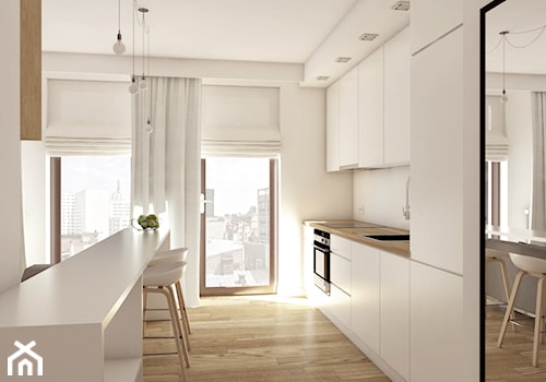 mieszkanie na warszawskiej Woli - Średnia otwarta z salonem biała z zabudowaną lodówką kuchnia jednorzędowa z wyspą lub półwyspem, styl nowoczesny - zdjęcie od IdeaSpace