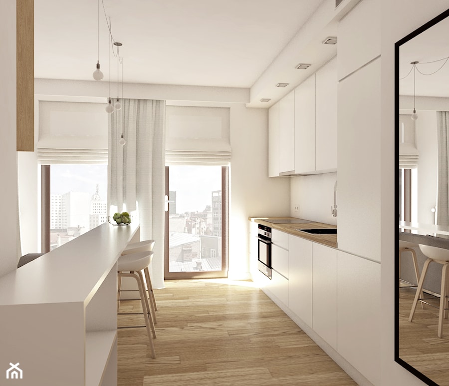 mieszkanie na warszawskiej Woli - Średnia otwarta z salonem biała z zabudowaną lodówką kuchnia jednorzędowa z wyspą lub półwyspem, styl nowoczesny - zdjęcie od IdeaSpace