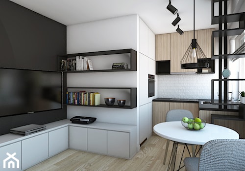Nowoczesne mieszkanie w Siedlcach - Mały biały czarny salon z kuchnią z jadalnią, styl nowoczesny - zdjęcie od IdeaSpace