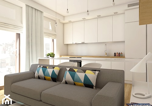 mieszkanie na warszawskiej Woli - Mały szary salon z kuchnią z jadalnią, styl nowoczesny - zdjęcie od IdeaSpace