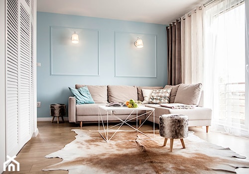 Mieszkanie w Zbąszyniu - Średni turkusowy salon z tarasem / balkonem, styl skandynawski - zdjęcie od Żaneta Strażyńska