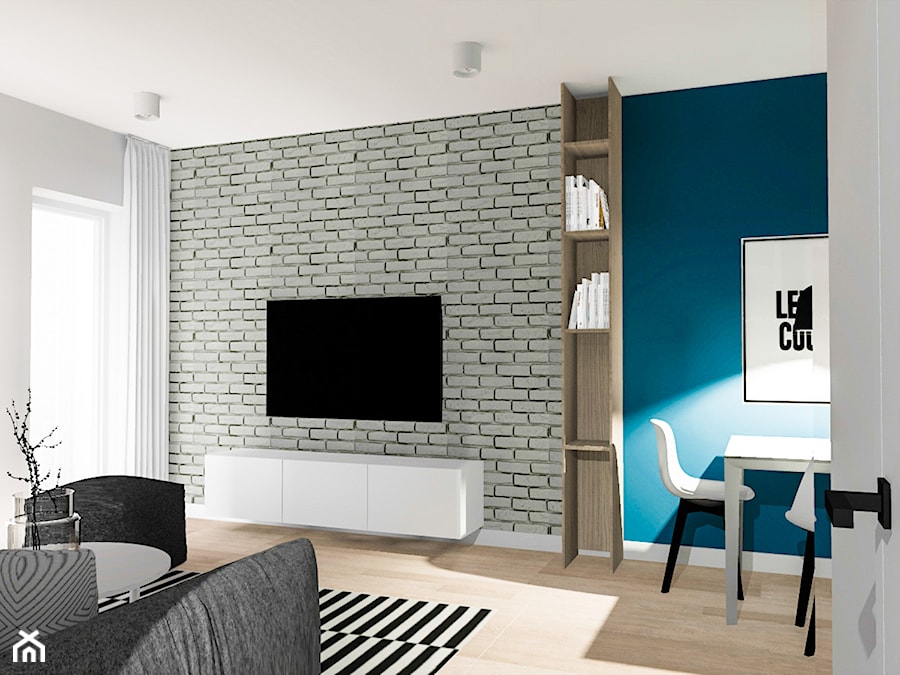 Mieszkanie pod wynajem 2 - Średni niebieski szary salon z jadalnią z bibiloteczką, styl nowoczesny - zdjęcie od Żaneta Strażyńska