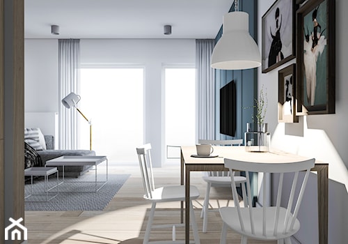 Mieszkanie pod wynajem 1 - Średni biały szary salon z jadalnią z tarasem / balkonem, styl skandynawski - zdjęcie od Żaneta Strażyńska