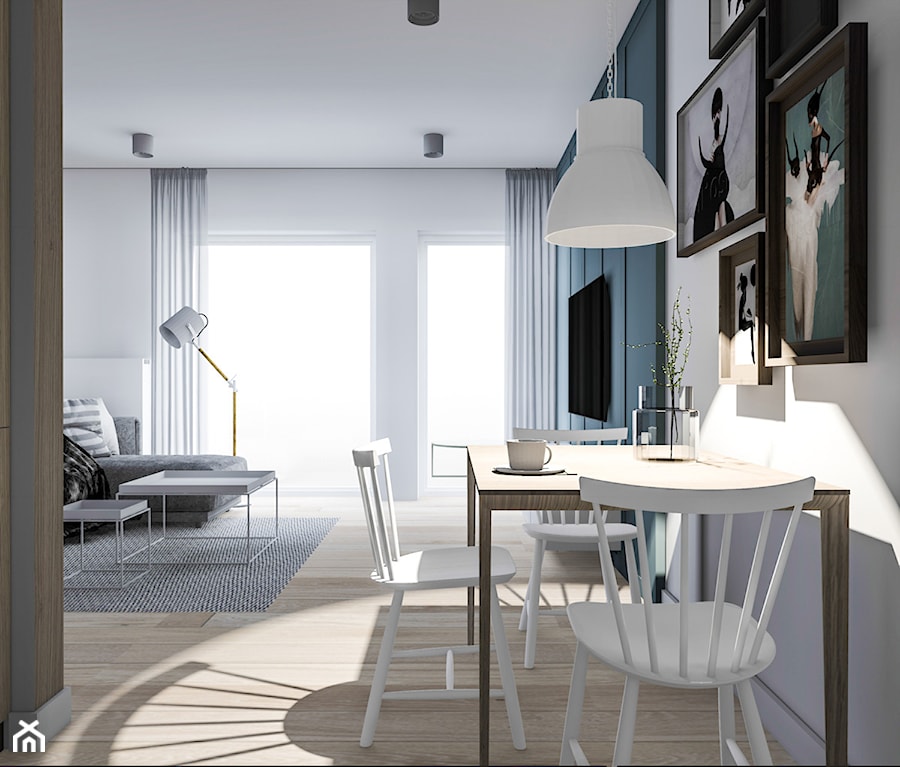 Mieszkanie pod wynajem 1 - Średni biały szary salon z jadalnią z tarasem / balkonem, styl skandynawski - zdjęcie od Żaneta Strażyńska