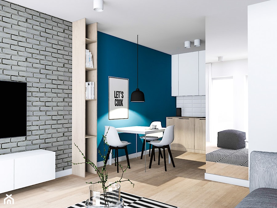 Mieszkanie pod wynajem 2 - Mała biała niebieska jadalnia w salonie w kuchni, styl nowoczesny - zdjęcie od Żaneta Strażyńska