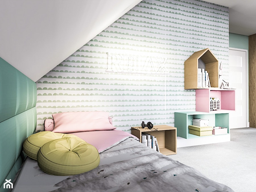 POKÓJ DZIEWCZYNKI - Średni biały szary zielony pokój dziecka dla dziecka dla nastolatka dla dziewczynki, styl nowoczesny - zdjęcie od Żaneta Strażyńska