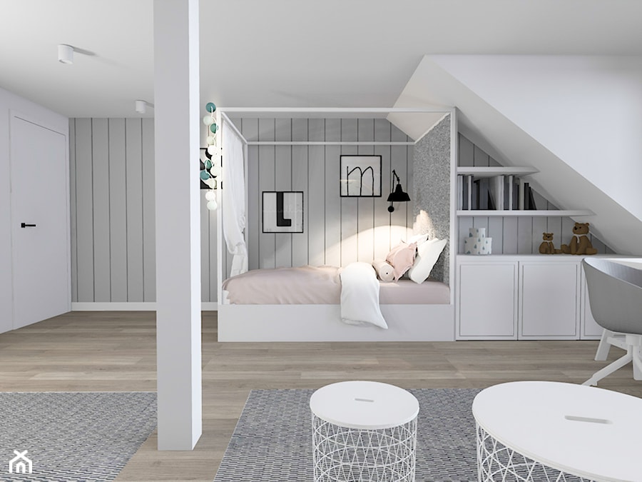 Pokój Malwinki - Duży biały szary pokój dziecka dla nastolatka dla chłopca dla dziewczynki, styl skandynawski - zdjęcie od Żaneta Strażyńska