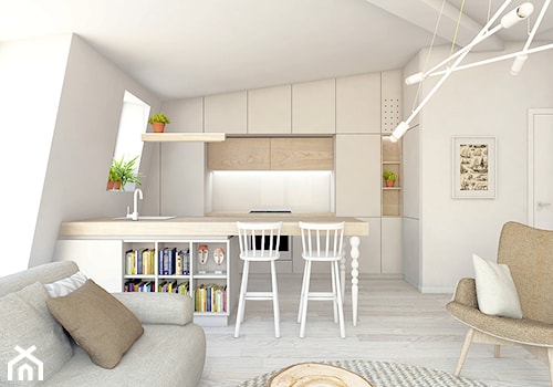apartament w Sopocie - Średnia otwarta z salonem biała z zabudowaną lodówką kuchnia jednorzędowa dwurzędowa z wyspą lub półwyspem z oknem, styl skandynawski - zdjęcie od em2pracownia